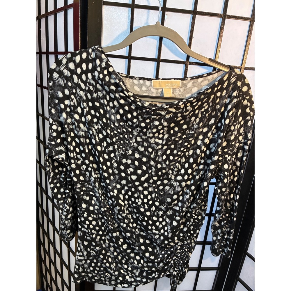 MICHAEL KORS Womens Black White Dotted Print Boat Neck‎ Ruched Side Top M